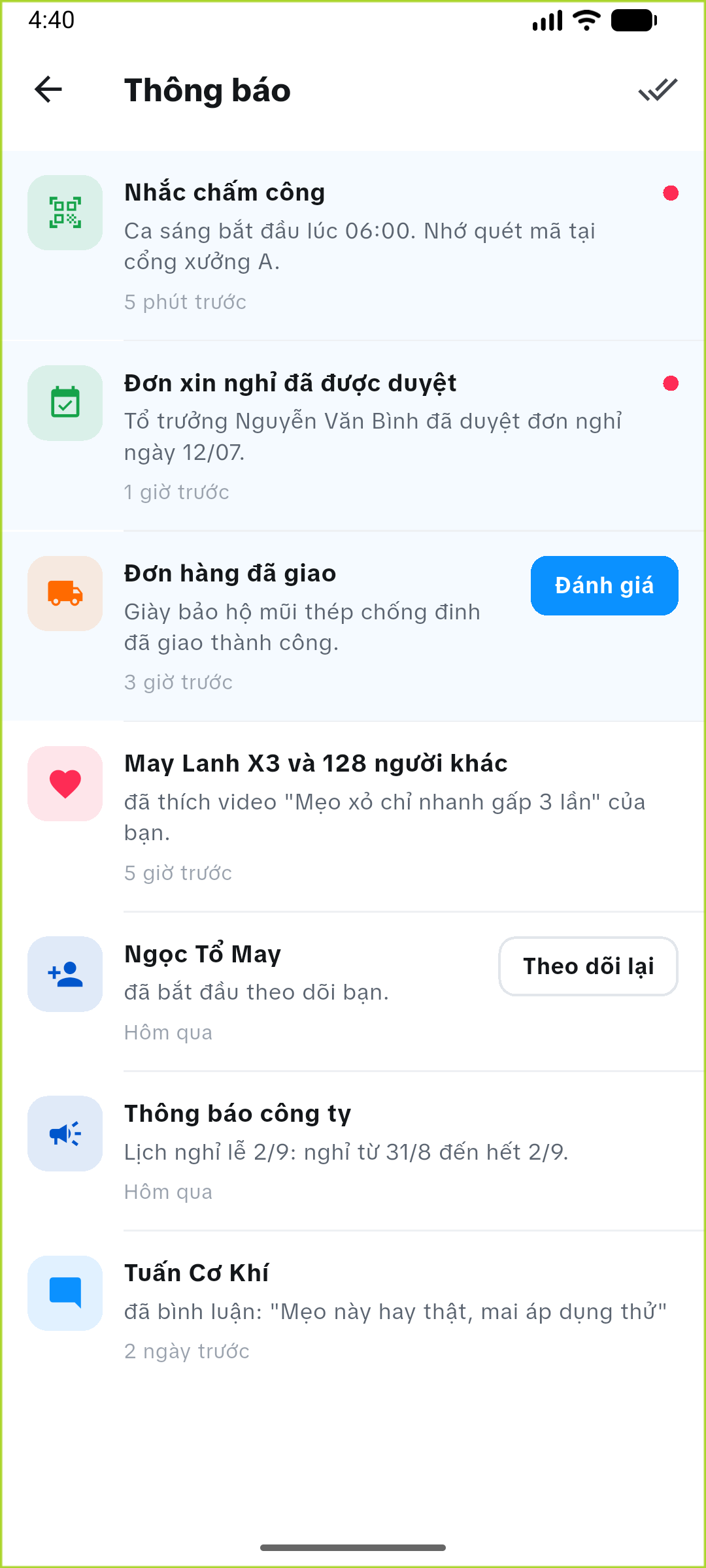 Notifications screen: attendance reminder, approved leave, company notice
